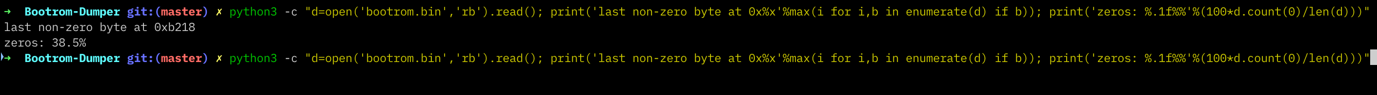Last non-zero byte at 0xb218, 38.5% of the dump is zero padding