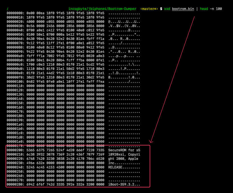 Hexdump of bootrom.bin with annotations highlighting the SecureROM copyright string and iBoot version