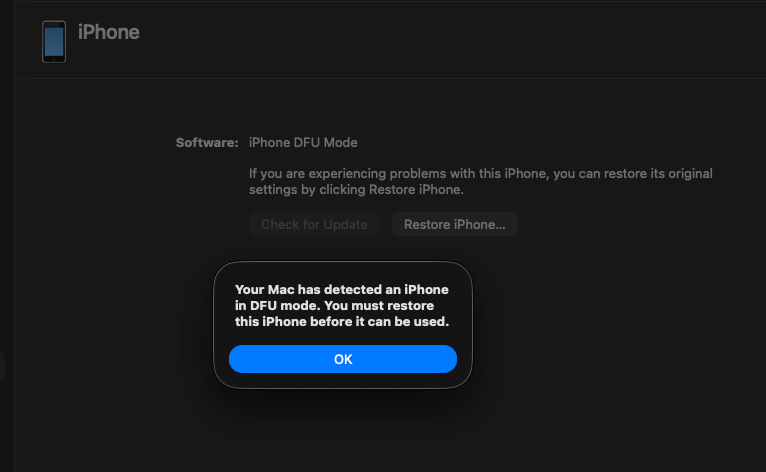 macOS detecting iPhone in DFU mode -&ldquo;Your Mac has detected an iPhone in DFU mode&rdquo;