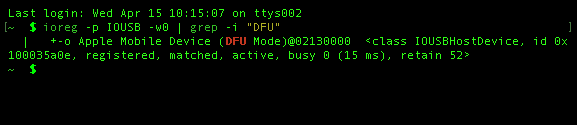 Terminal showing ioreg output with &ldquo;Apple Mobile Device (DFU Mode)&rdquo;