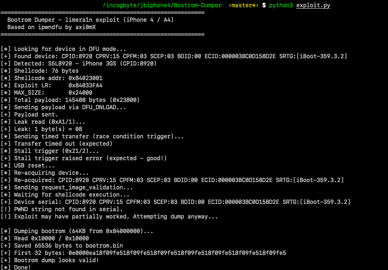 Terminal showing the full exploit output -from device detection through successful bootrom dump