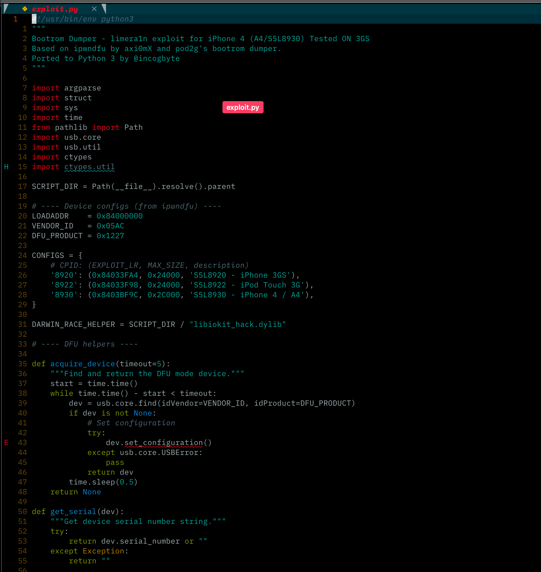 The Python 3 limera1n host with the S5L8920 configuration and macOS IOKit helper