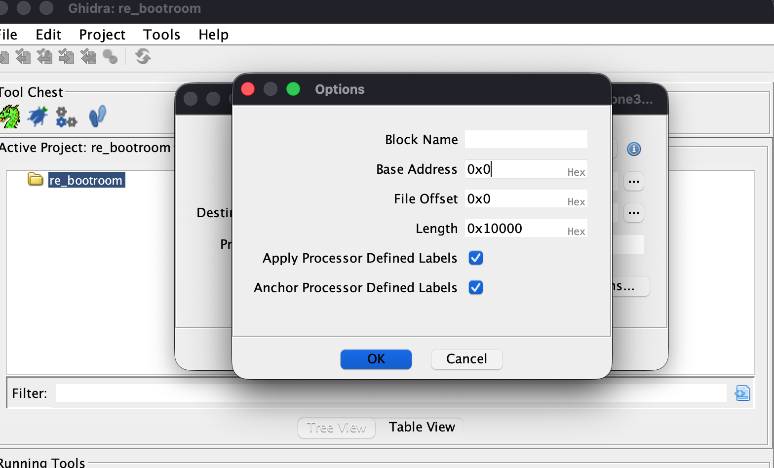Ghidra import: ARM v7 32-bit little-endian, and the options dialog with Base Address 0x0, Length 0x10000