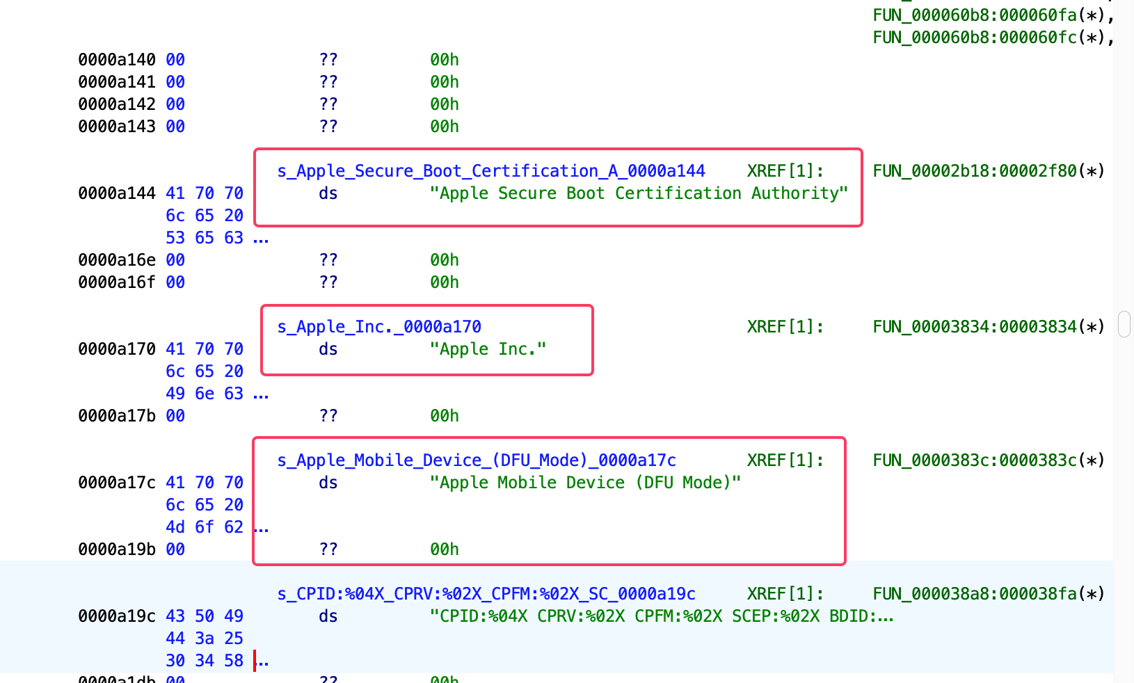 The Apple Secure Boot Certification Authority string and the USB DFU descriptor strings (Apple Inc. / Apple Mobile Device (DFU Mode)), each with an XREF into the code