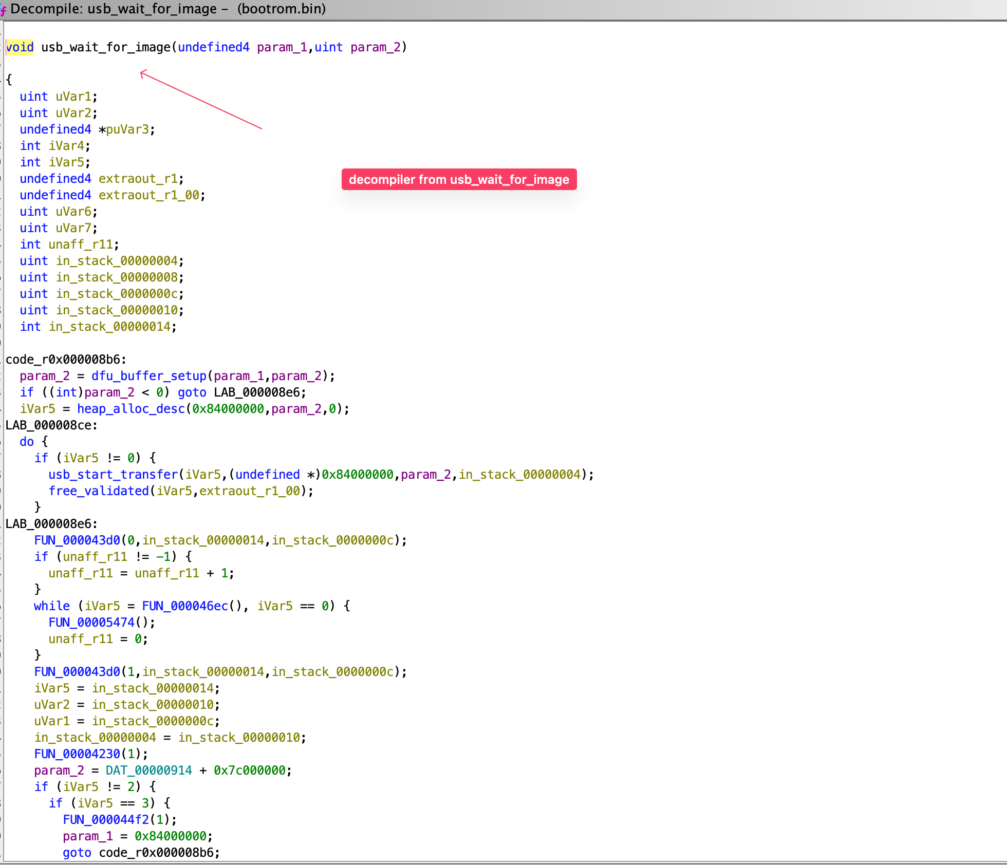 Ghidra decompiler view of usb_wait_for_image, showing the 0x84000000 constant and the calls to dfu_buffer_setup, heap_alloc_desc, usb_start_transfer, and free_validated