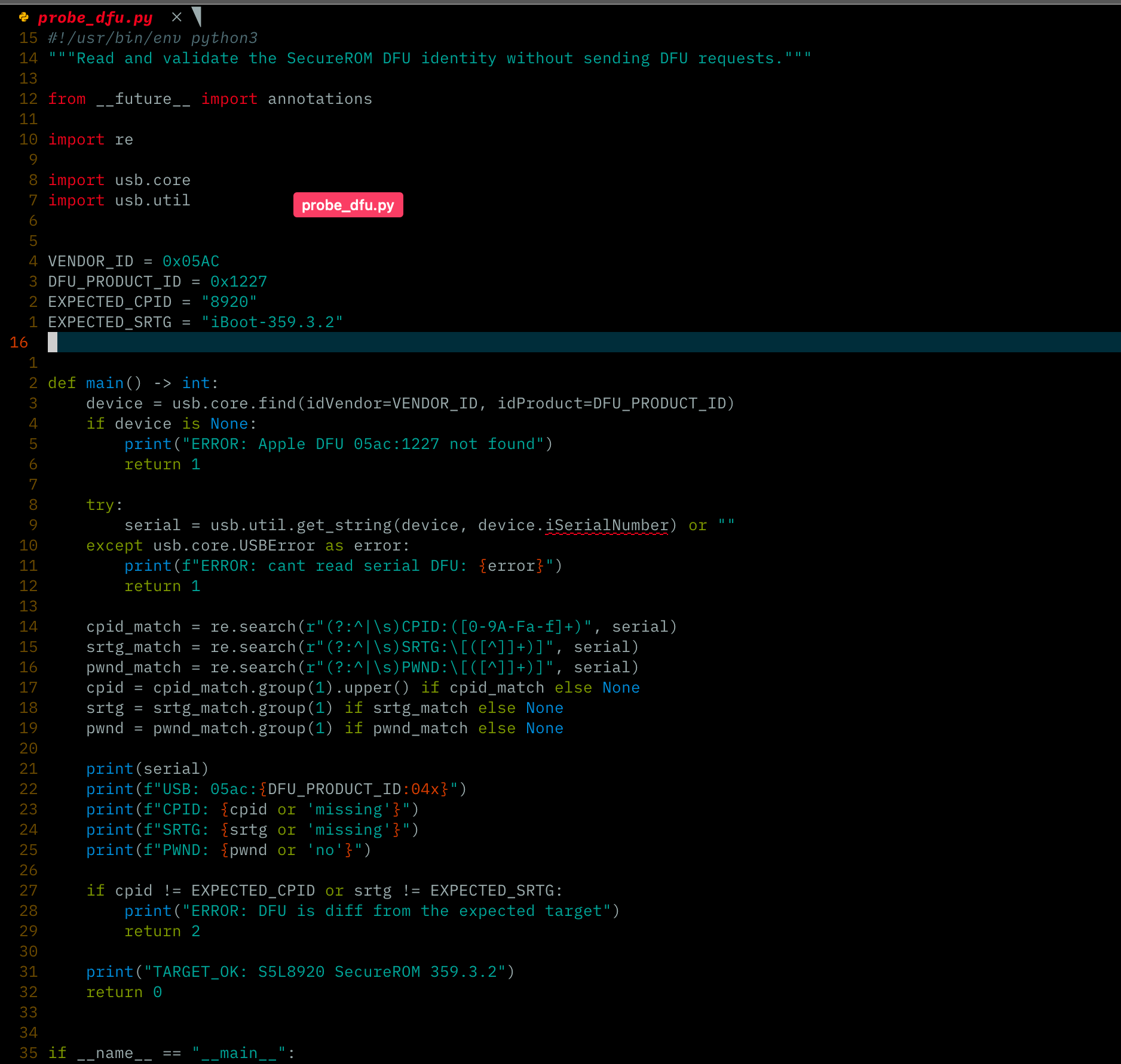 The Python DFU probe used to check CPID, SecureROM version, and the PWND marker