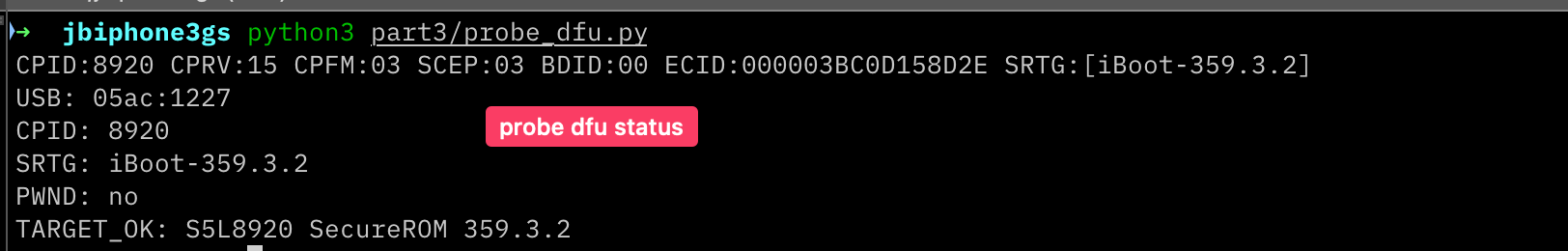 The physical iPhone 3GS in clean DFU before running the Part 3 exploit