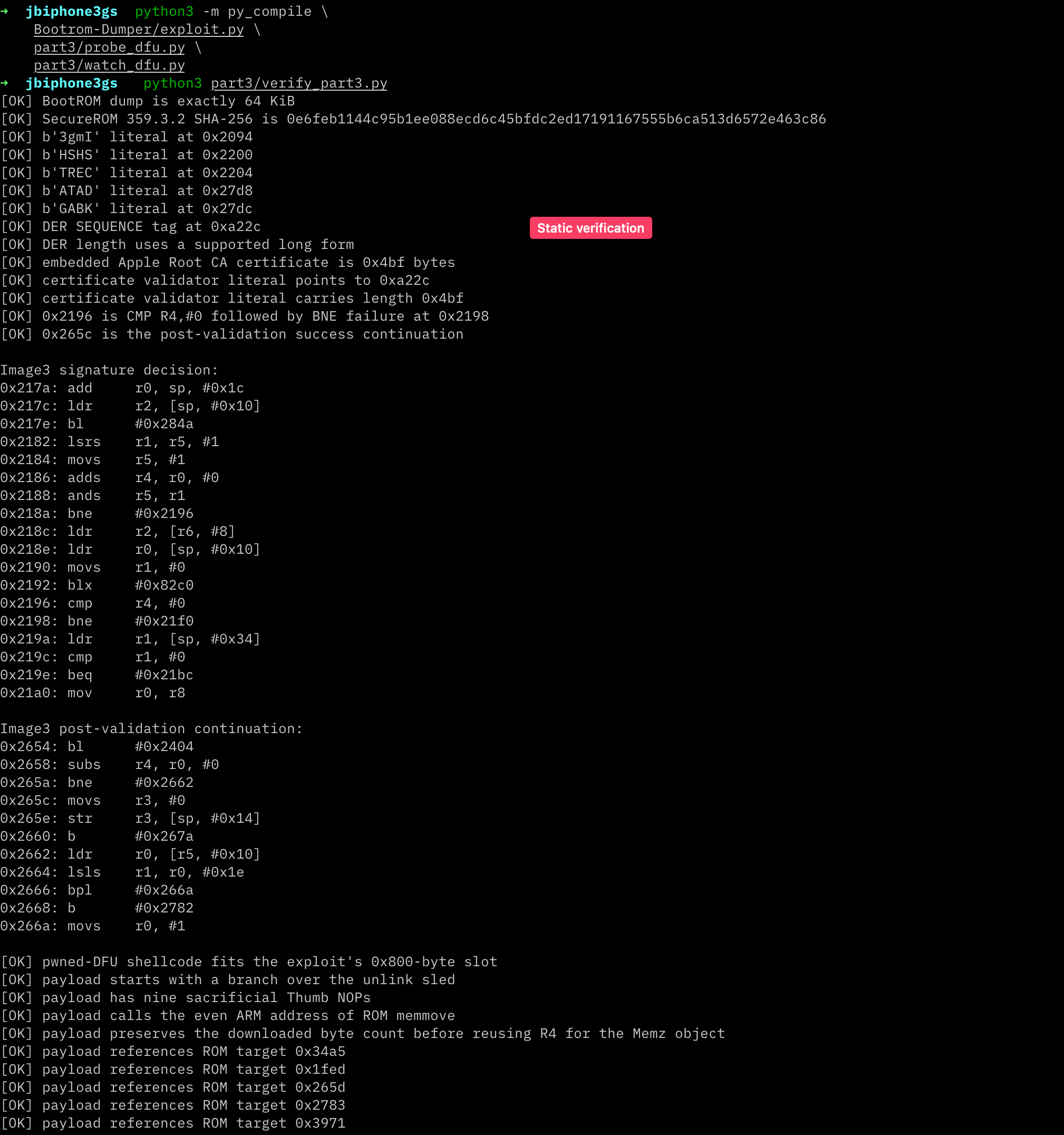 Static verification of the SecureROM hash, Image3 tags, certificate, decisive branch, and payload addresses
