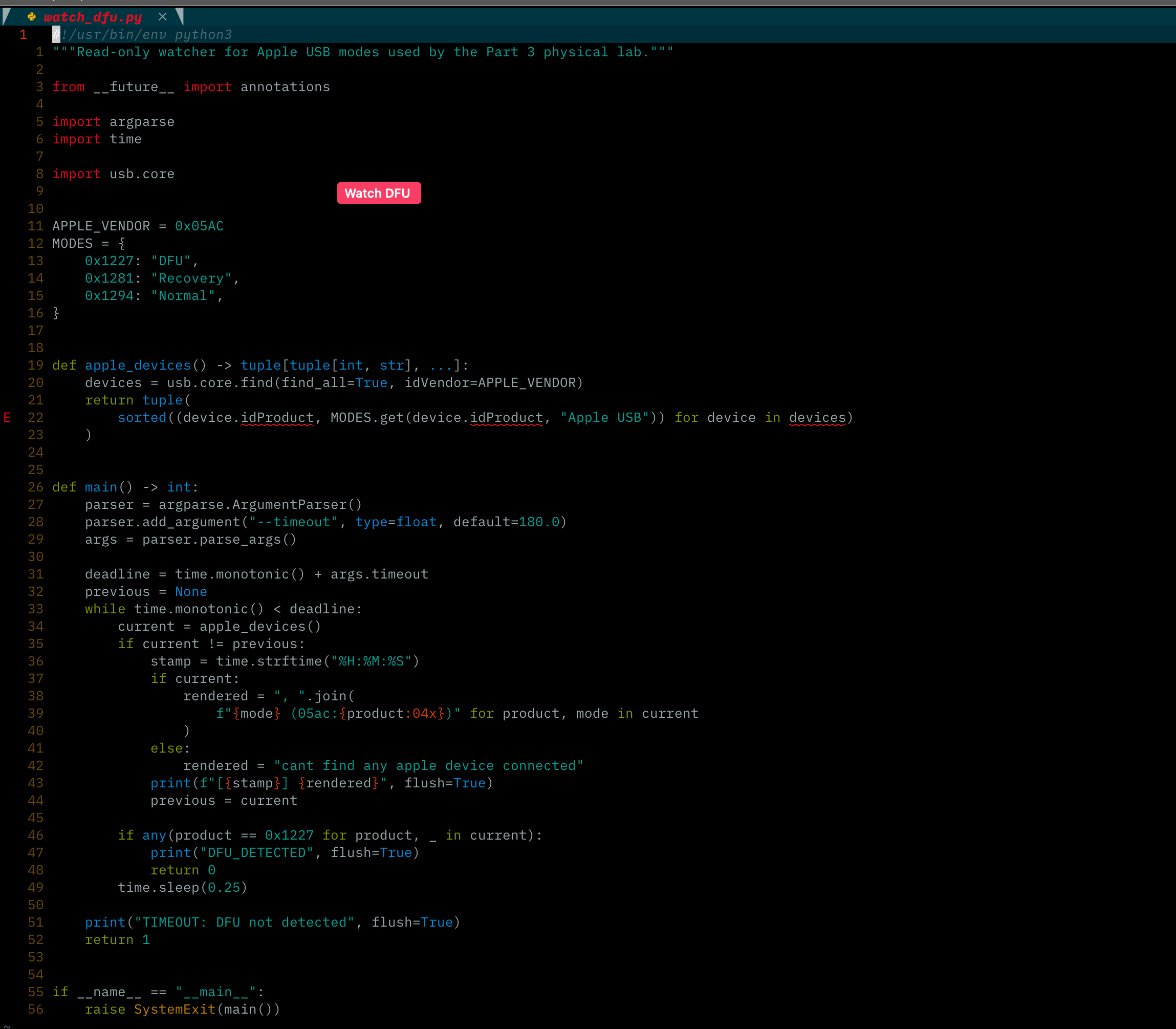The read-only Python watcher used to detect normal, recovery, and DFU USB modes
